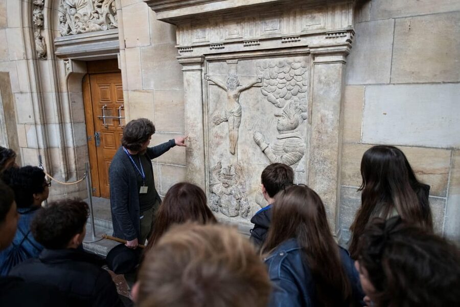 Prague Castle Interiors, Bus Tour and Vltava River Cruise - St. George’s Basilica: frescoes and a double staircase to St. Ludmila