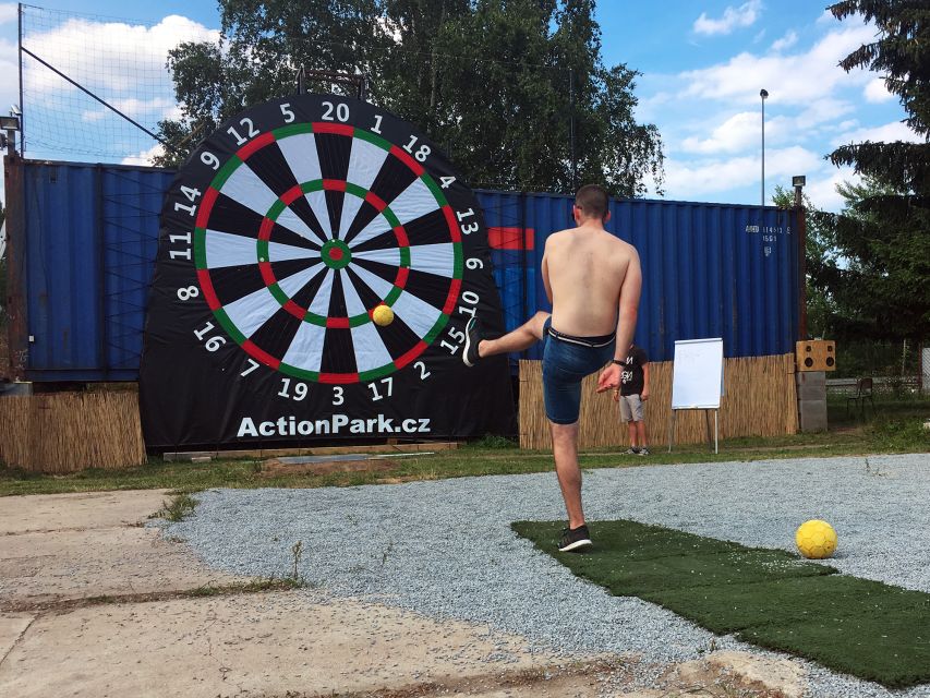 Prague : Giant Foot Darts and Giant Beer Pong Game - Giant Beer Pong: barrels and a football ball you can team up with