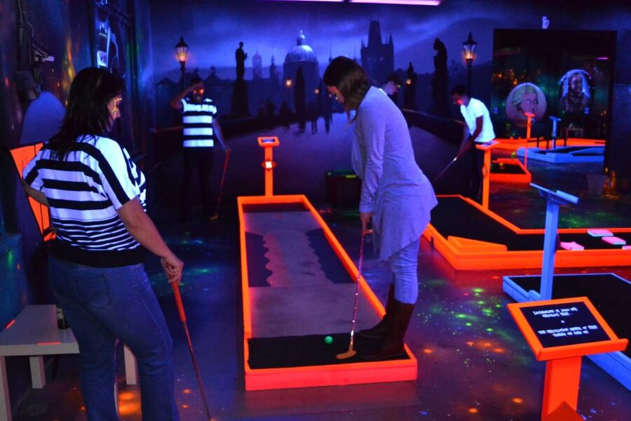 Prague: Glow Golf Mini Golf Game by UV Light - Games beyond the holes: Jenga, Pukec, and a place to cool off